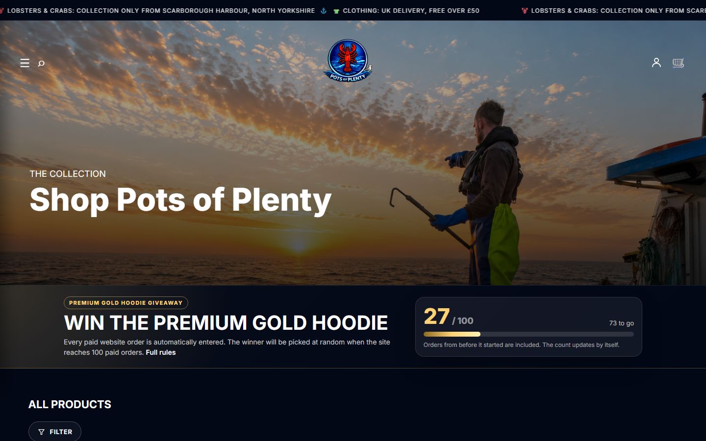 The shop, with a live giveaway counter that updates on its own.